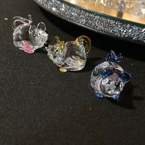 Glass Mouse Figurines Set. Pink Yellow and Blue accents